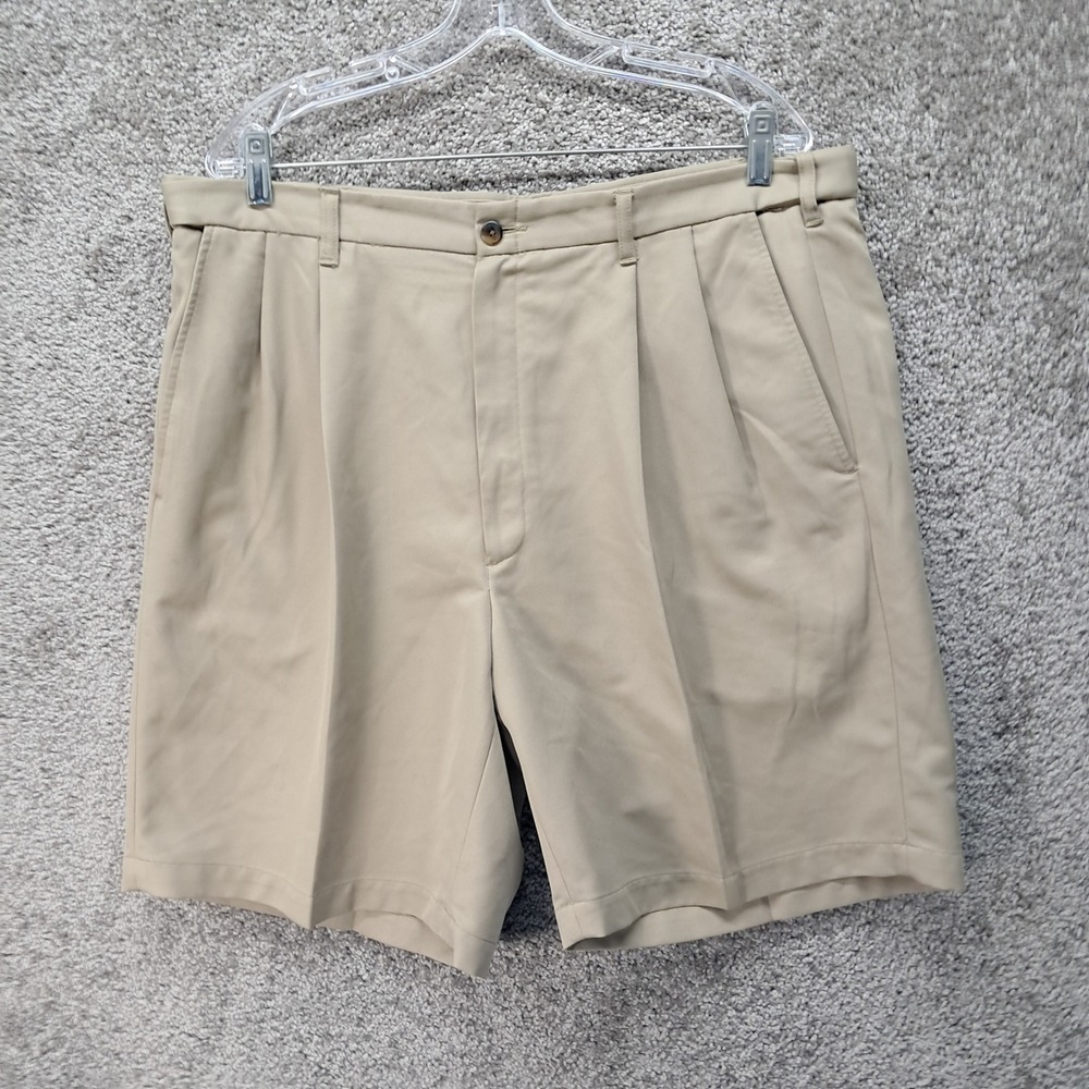 Haggar Mens Khaki Tan Pleated Front Micro Polyester Shorts Size 38 WPL386
